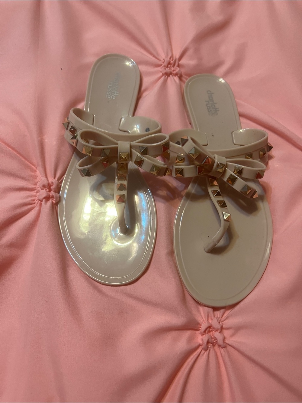 Charlotte Russe Nude Bow Jelly Thong Sandals with Gold Studs